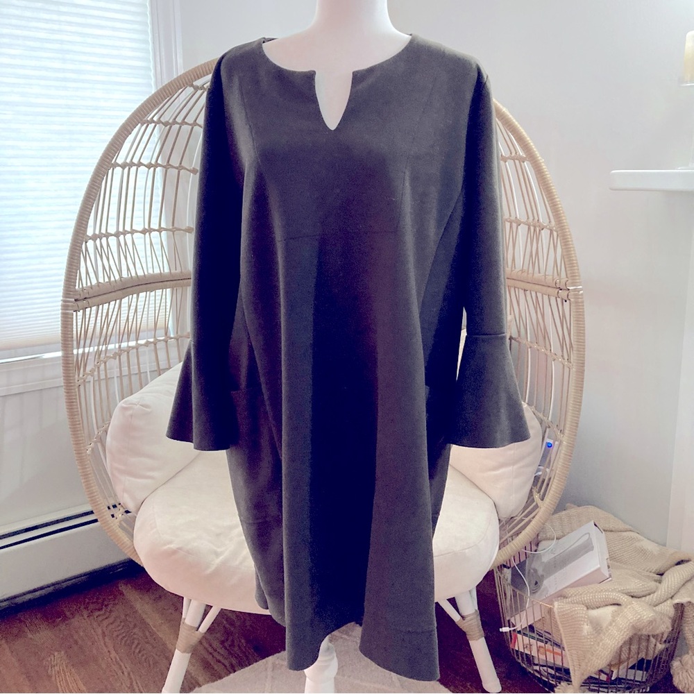 IC by Connie K Bell Sleeve Pocket Shift Dress Dark Olive Green XXL Minimalist